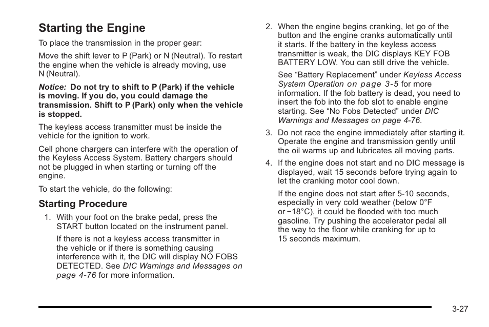 Starting the engine, Starting the engine -27 | Cadillac 2010 STS User Manual | Page 127 / 536