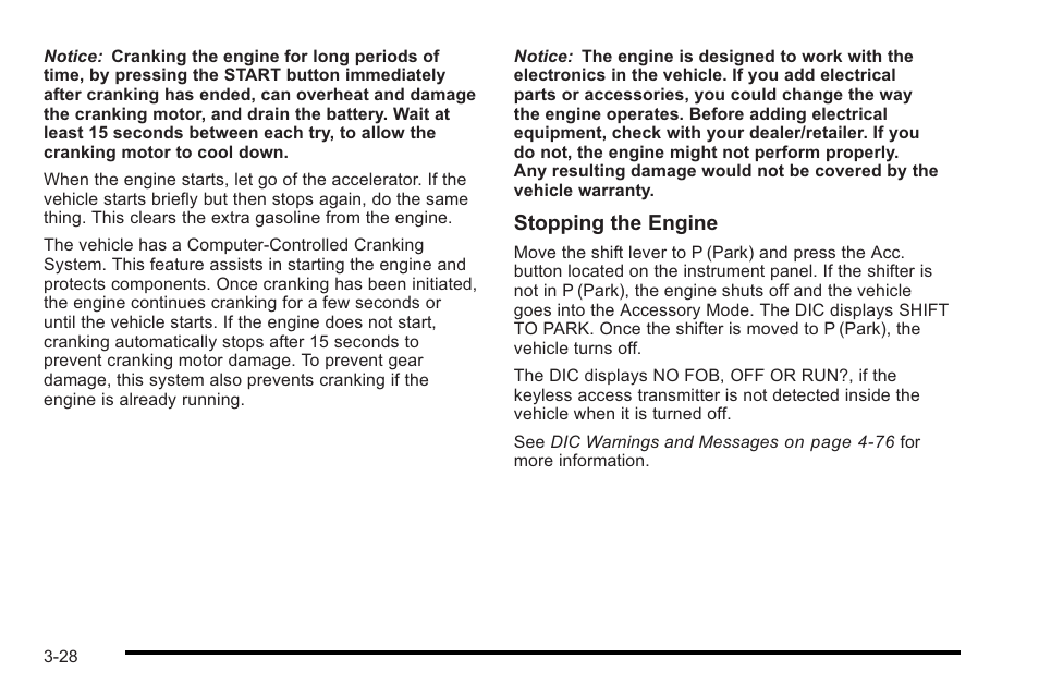 Stopping the engine | Cadillac 2010 STS User Manual | Page 128 / 536