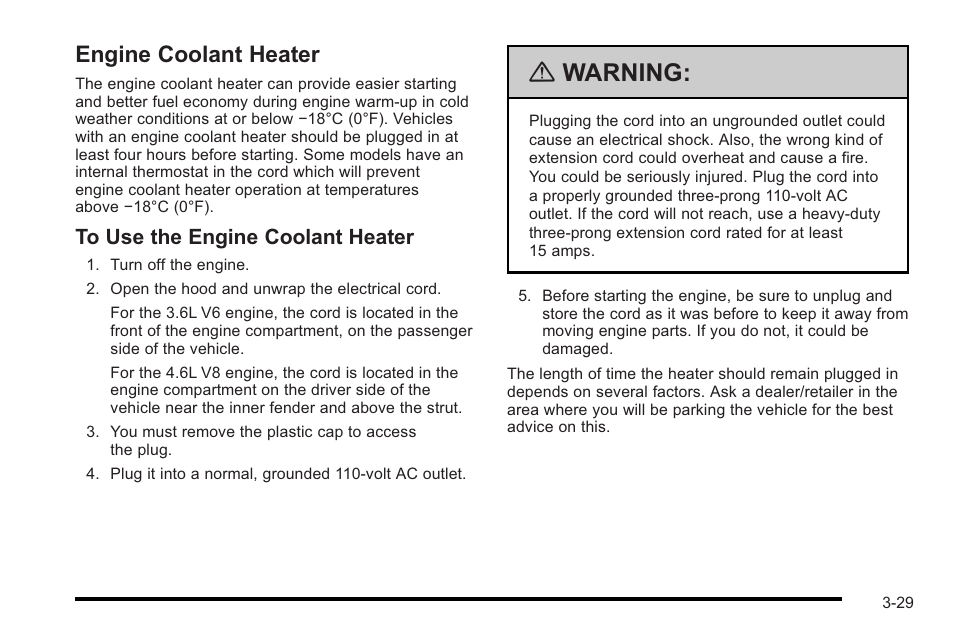 Engine coolant heater, Engine coolant heater -29, Warning | Cadillac 2010 STS User Manual | Page 129 / 536