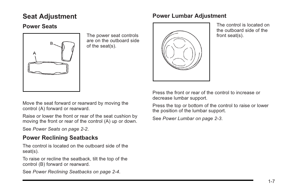 Seat adjustment, Seat adjustment -7 | Cadillac 2010 STS User Manual | Page 13 / 536