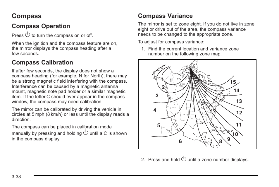 Compass, Compass -38, Compass operation | Compass calibration, Compass variance | Cadillac 2010 STS User Manual | Page 138 / 536