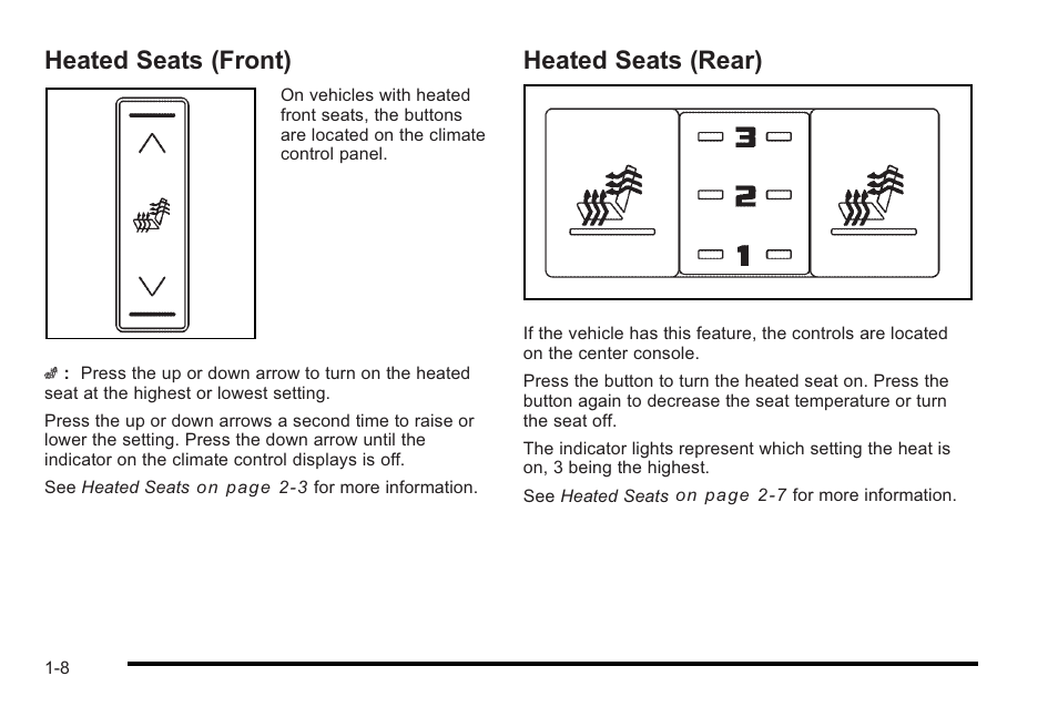 Heated seats (front), Heated seats (rear), Heated seats (front) -8 heated seats (rear) -8 | Cadillac 2010 STS User Manual | Page 14 / 536