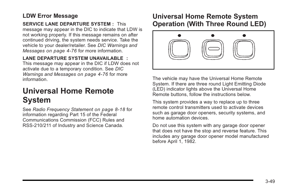 Universal home remote system, Universal home remote system -49, Universal home remote system operation | With three round led) -49, Vehicle personalization | Cadillac 2010 STS User Manual | Page 149 / 536