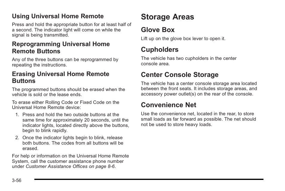 Storage areas, Glove box, Cupholders | Center console storage, Convenience net, Storage areas -56 | Cadillac 2010 STS User Manual | Page 156 / 536