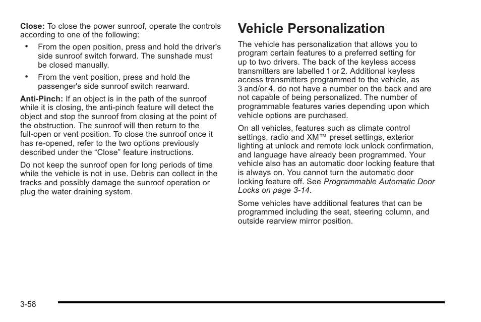 Vehicle personalization | Cadillac 2010 STS User Manual | Page 158 / 536