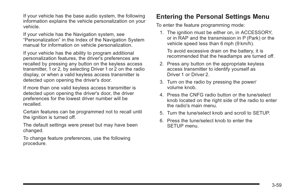 Entering the personal settings menu | Cadillac 2010 STS User Manual | Page 159 / 536