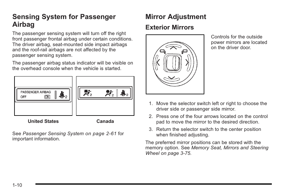 Sensing system for passenger airbag, Mirror adjustment, Exterior mirrors | Cadillac 2010 STS User Manual | Page 16 / 536
