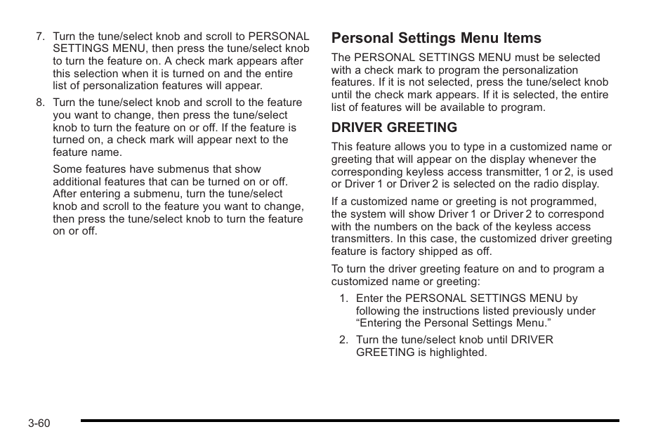 Personal settings menu items | Cadillac 2010 STS User Manual | Page 160 / 536