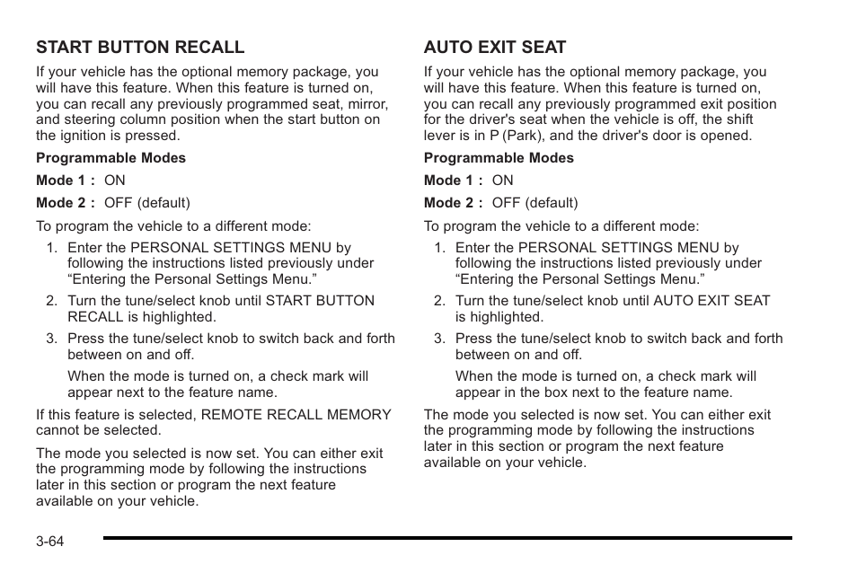 Start button recall, Auto exit seat | Cadillac 2010 STS User Manual | Page 164 / 536