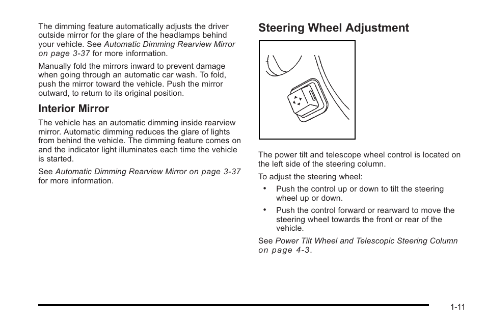 Steering wheel adjustment, Steering wheel adjustment -11, Interior mirror | Cadillac 2010 STS User Manual | Page 17 / 536