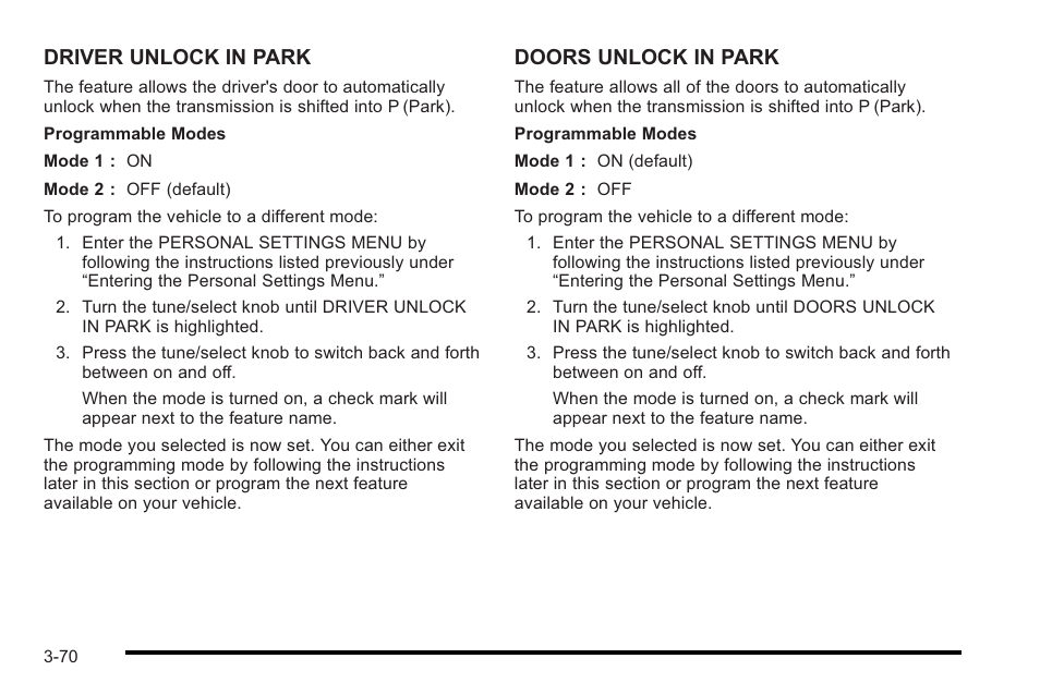 Driver unlock in park, Doors unlock in park | Cadillac 2010 STS User Manual | Page 170 / 536