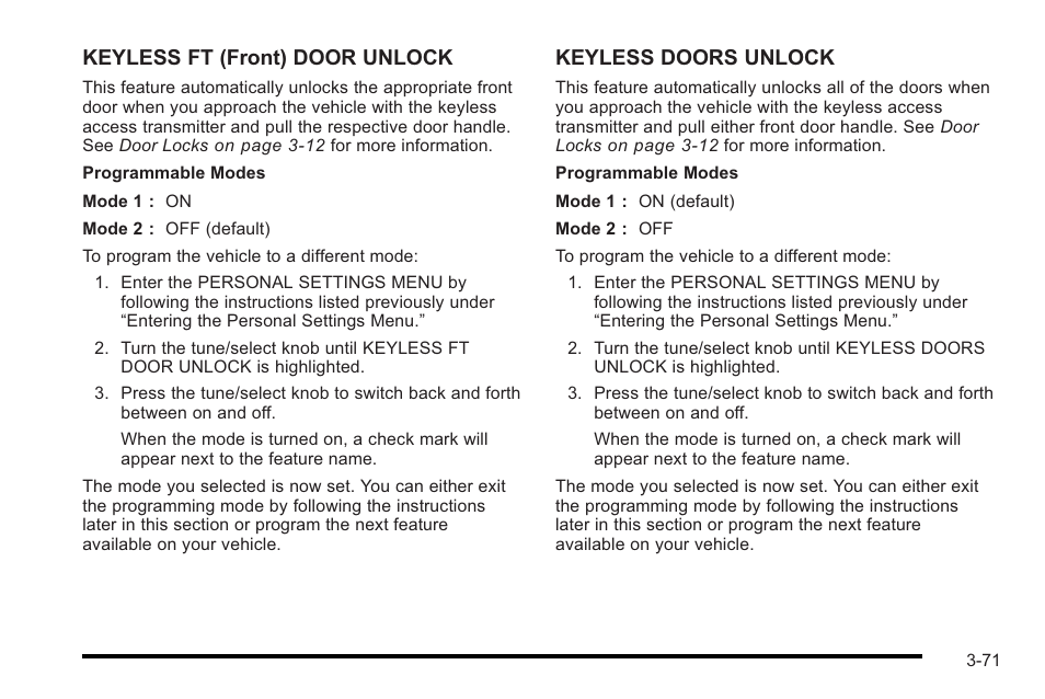 Keyless ft (front) door unlock, Keyless doors unlock | Cadillac 2010 STS User Manual | Page 171 / 536