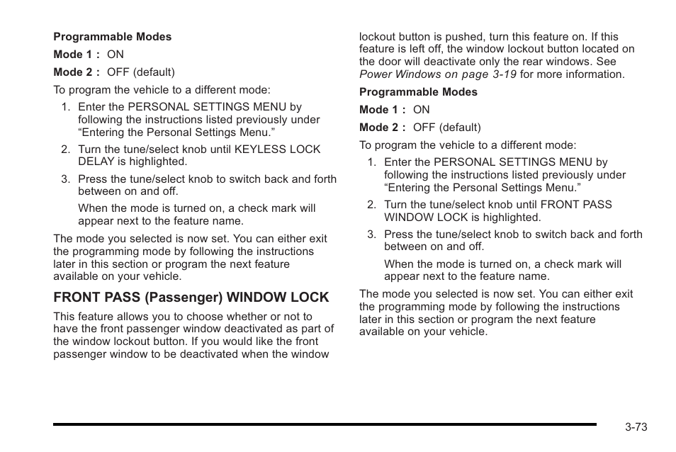 Front pass (passenger) window lock | Cadillac 2010 STS User Manual | Page 173 / 536