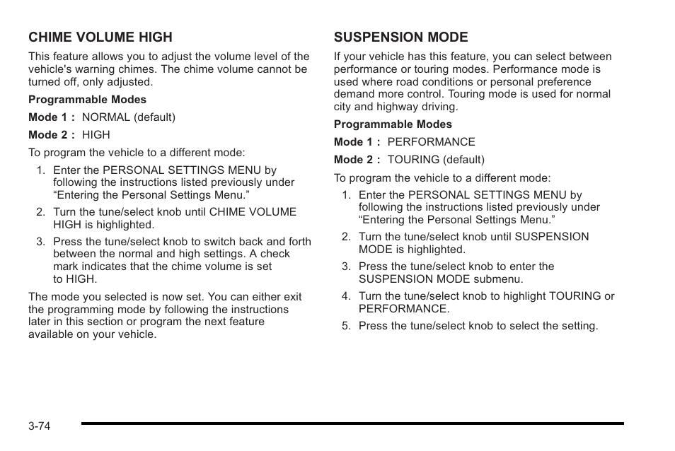 Chime volume high, Suspension mode | Cadillac 2010 STS User Manual | Page 174 / 536