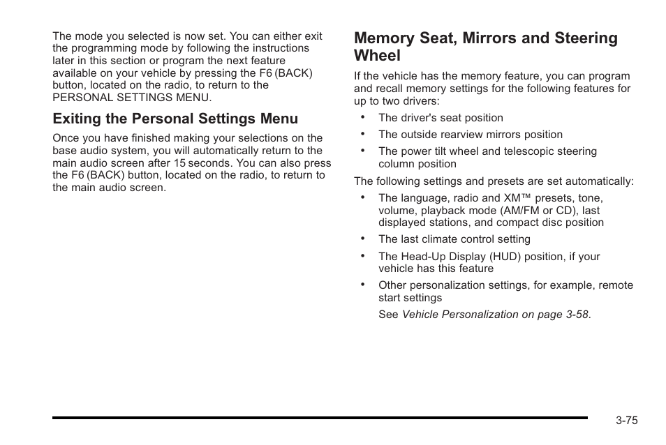 Memory seat, mirrors and steering wheel, Memory seat, mirrors and steering wheel -75, Exiting the personal settings menu | Cadillac 2010 STS User Manual | Page 175 / 536