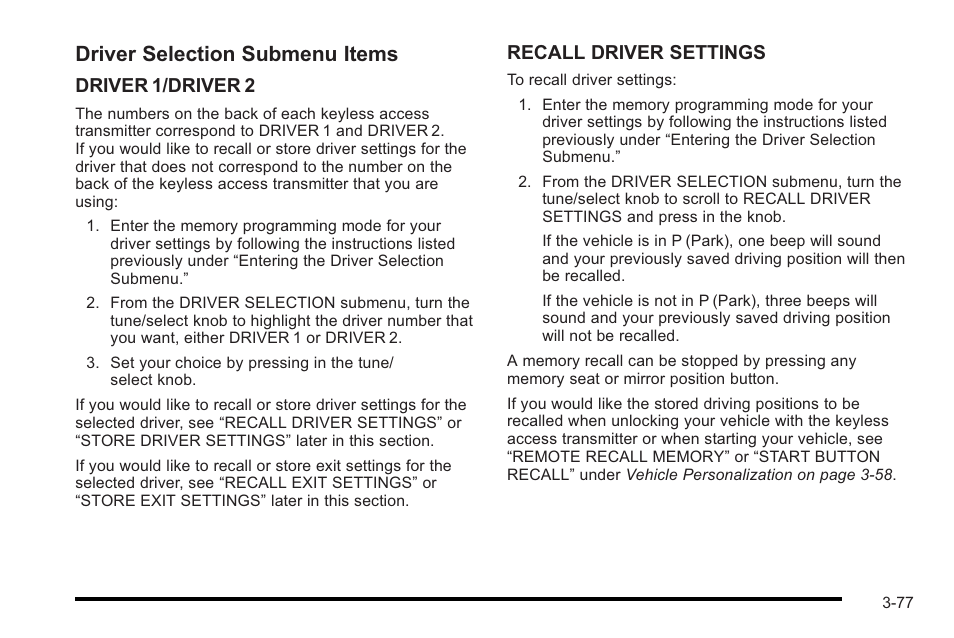 Driver selection submenu items | Cadillac 2010 STS User Manual | Page 177 / 536