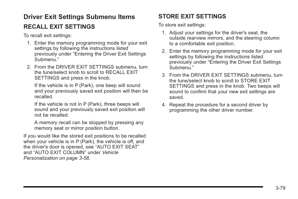 Driver exit settings submenu items | Cadillac 2010 STS User Manual | Page 179 / 536