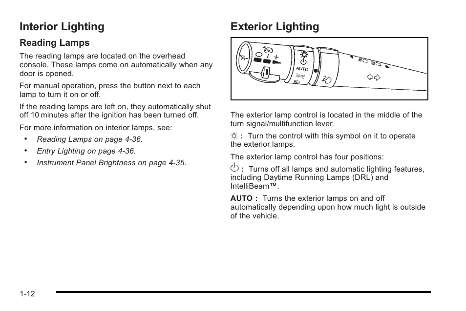 Interior lighting, Exterior lighting, Interior lighting -12 exterior lighting -12 | Reading lamps | Cadillac 2010 STS User Manual | Page 18 / 536