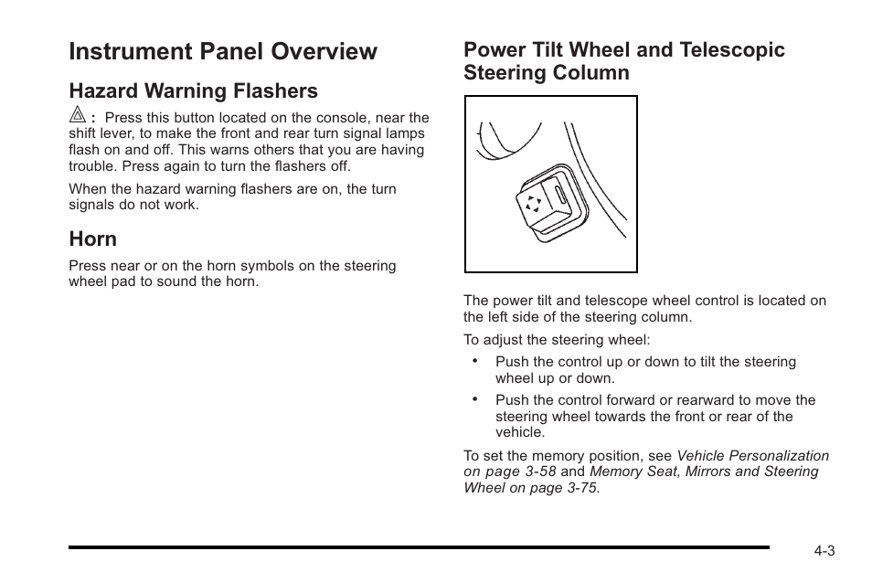 Instrument panel overview, Hazard warning flashers, Horn | Power tilt wheel and telescopic steering column, Instrument panel overview -3, Column -3 | Cadillac 2010 STS User Manual | Page 183 / 536