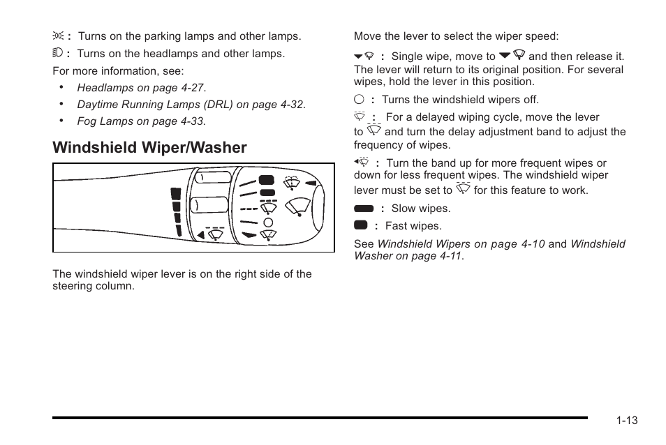 Windshield wiper/washer, Windshield wiper/washer -13 | Cadillac 2010 STS User Manual | Page 19 / 536