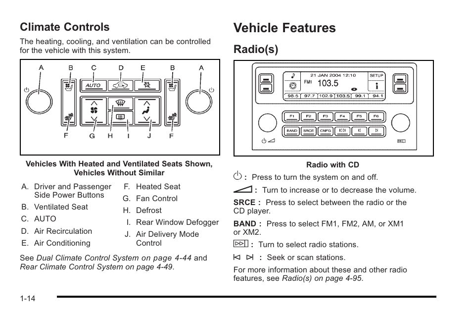 Climate controls, Vehicle features, Radio(s) | Vehicle features -14, Climate controls -14, Radio(s) -14 | Cadillac 2010 STS User Manual | Page 20 / 536