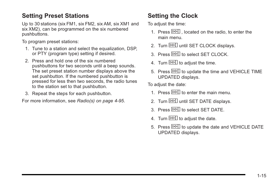 Setting preset stations, Setting the clock | Cadillac 2010 STS User Manual | Page 21 / 536