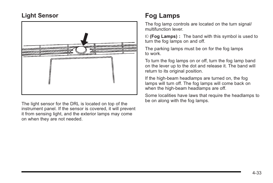 Fog lamps, Fog lamps -33, Light sensor | Cadillac 2010 STS User Manual | Page 213 / 536