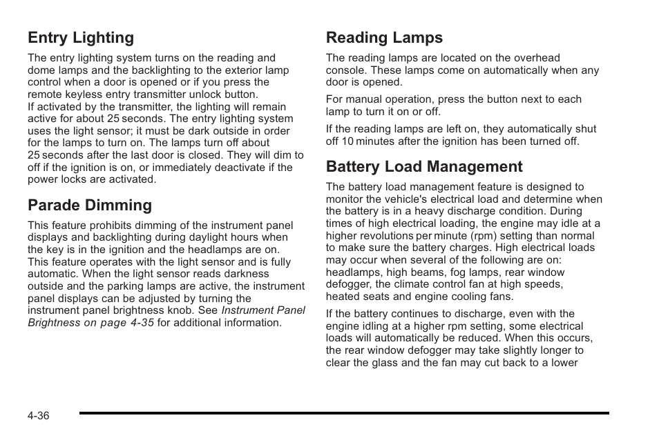 Entry lighting, Parade dimming, Reading lamps | Battery load management, Entry lighting -36 parade dimming -36, Reading lamps -36 battery load management -36 | Cadillac 2010 STS User Manual | Page 216 / 536