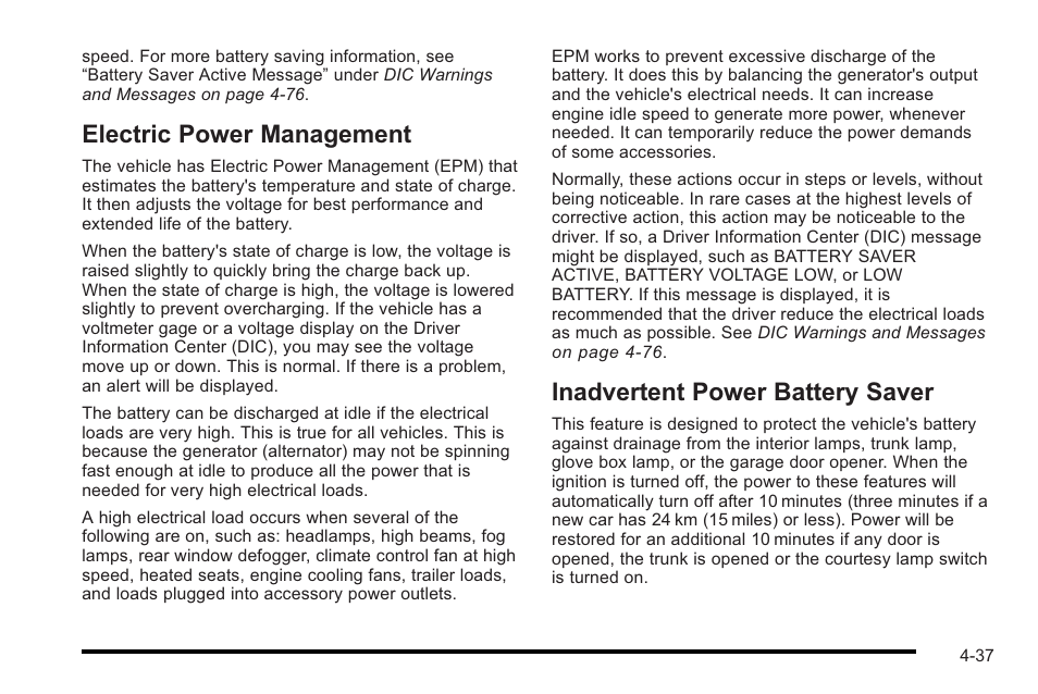 Electric power management, Inadvertent power battery saver | Cadillac 2010 STS User Manual | Page 217 / 536