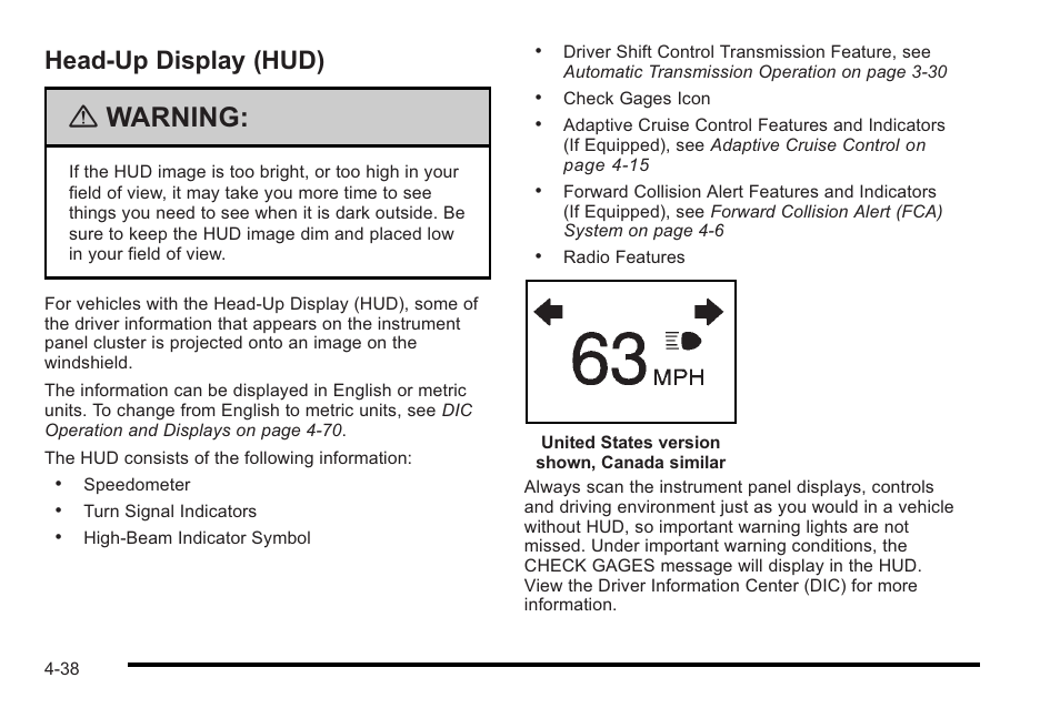 Head-up display (hud), Head-up display (hud) -38, Warning | Cadillac 2010 STS User Manual | Page 218 / 536