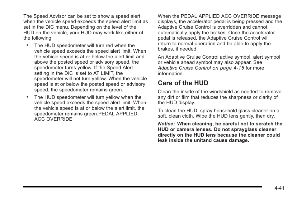 Care of the hud | Cadillac 2010 STS User Manual | Page 221 / 536