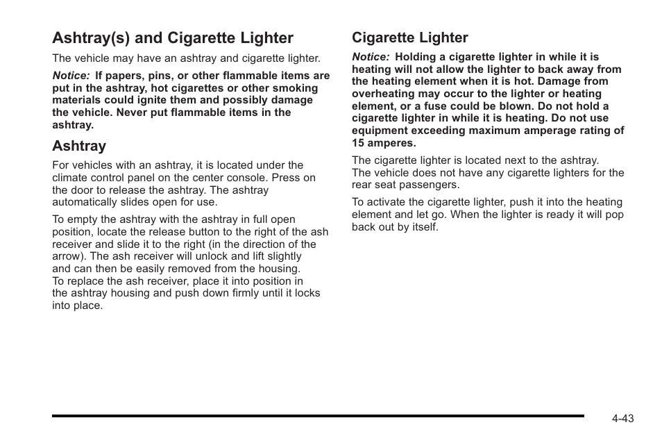 Ashtray(s) and cigarette lighter, Ashtray(s) and cigarette lighter -43, Ashtray | Cigarette lighter | Cadillac 2010 STS User Manual | Page 223 / 536