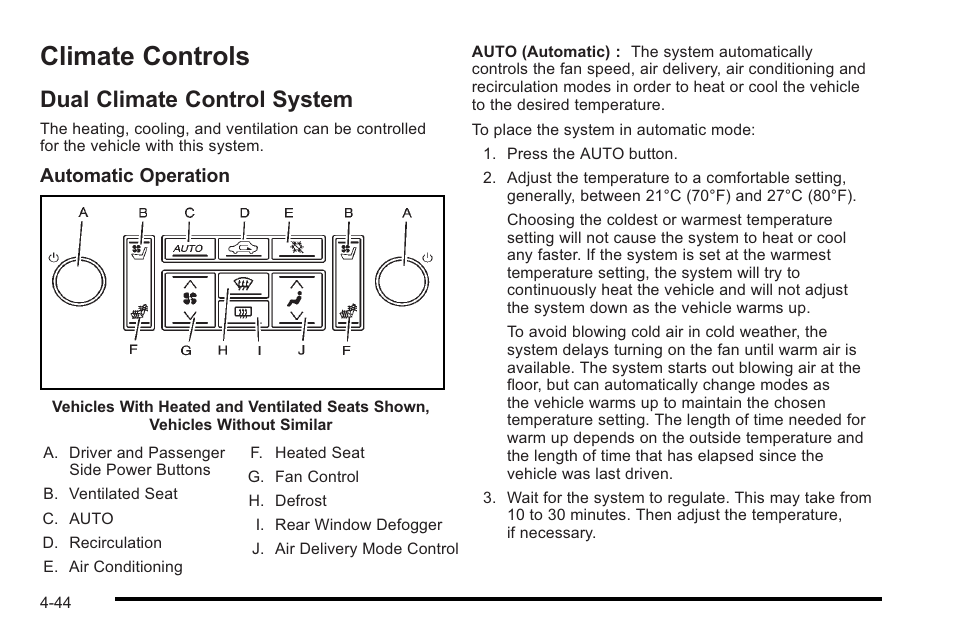 Climate controls, Dual climate control system, Climate controls -44 | Dual climate control system -44 | Cadillac 2010 STS User Manual | Page 224 / 536