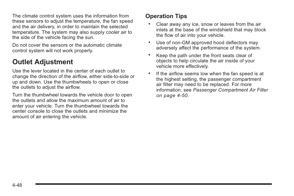 Outlet adjustment, Outlet adjustment -48, Operation tips | Cadillac 2010 STS User Manual | Page 228 / 536