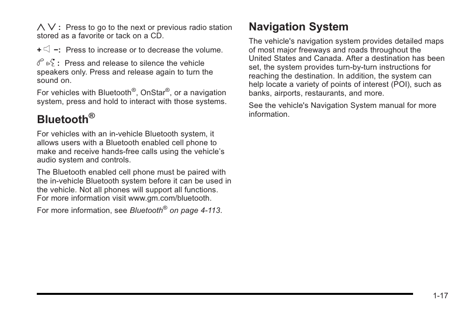 Bluetooth, Navigation system, Navigation system -17 | Cadillac 2010 STS User Manual | Page 23 / 536