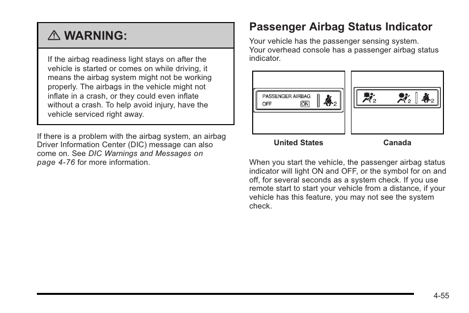 Passenger airbag status indicator, Passenger airbag status indicator -55, Warning | Cadillac 2010 STS User Manual | Page 235 / 536