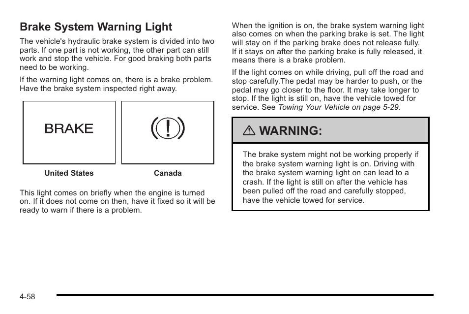 Brake system warning light, Brake system warning light -58, Warning | Cadillac 2010 STS User Manual | Page 238 / 536