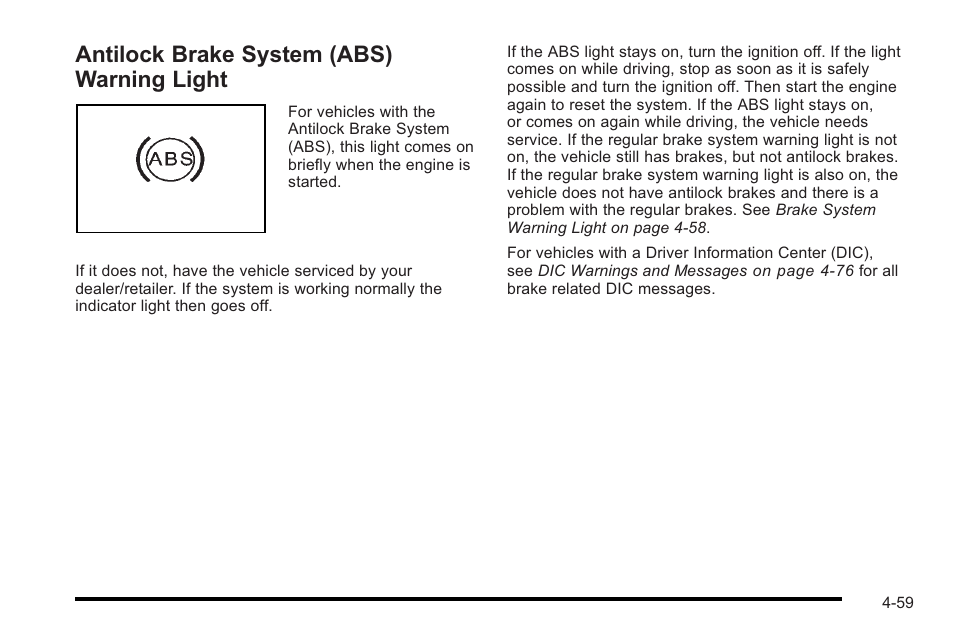 Antilock brake system (abs) warning light, Antilock brake system (abs) warning light -59 | Cadillac 2010 STS User Manual | Page 239 / 536