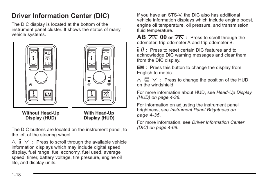 Driver information center (dic), Driver information center (dic) -18, Ab 3 00 | Cadillac 2010 STS User Manual | Page 24 / 536