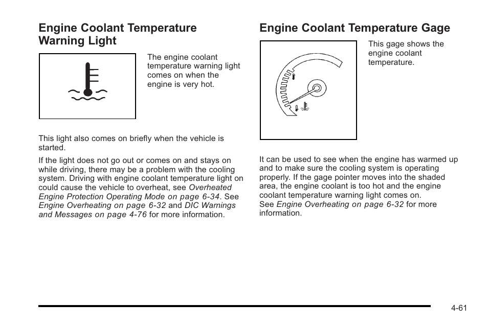 Engine coolant temperature warning light, Engine coolant temperature gage, Engine coolant temperature warning light -61 | Engine coolant temperature gage -61 | Cadillac 2010 STS User Manual | Page 241 / 536