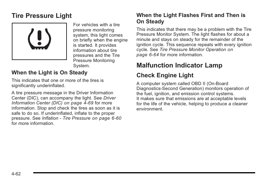 Tire pressure light, Malfunction indicator lamp, Check engine light | Cadillac 2010 STS User Manual | Page 242 / 536