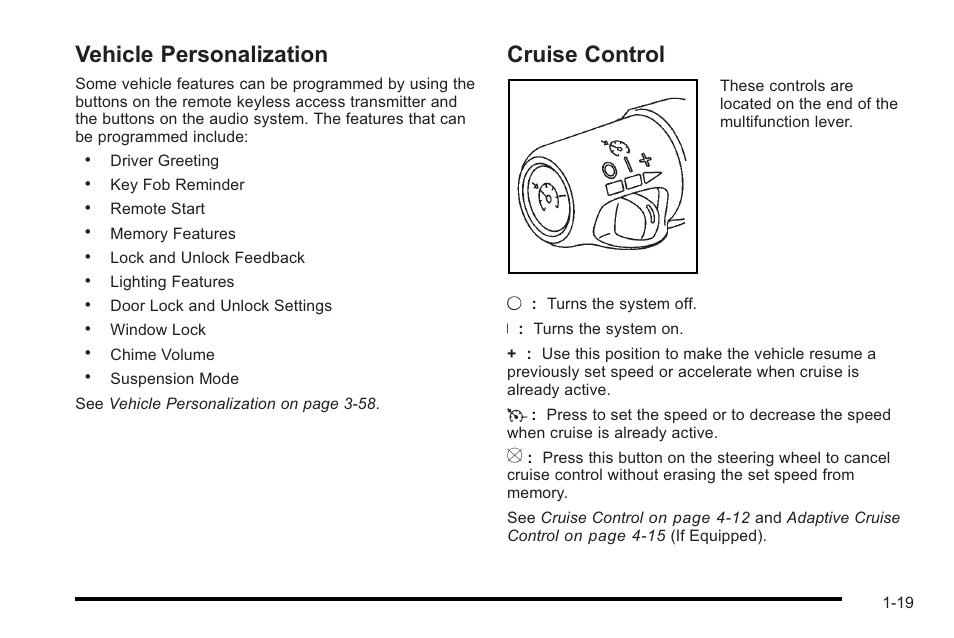 Vehicle personalization, Cruise control, Vehicle personalization -19 cruise control -19 | Cadillac 2010 STS User Manual | Page 25 / 536