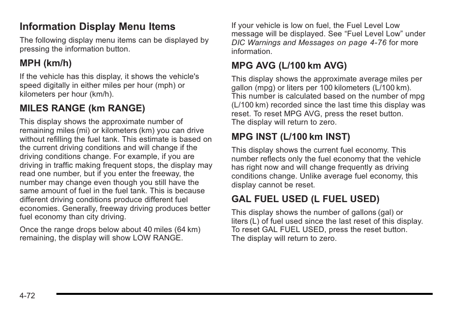 Information display menu items | Cadillac 2010 STS User Manual | Page 252 / 536