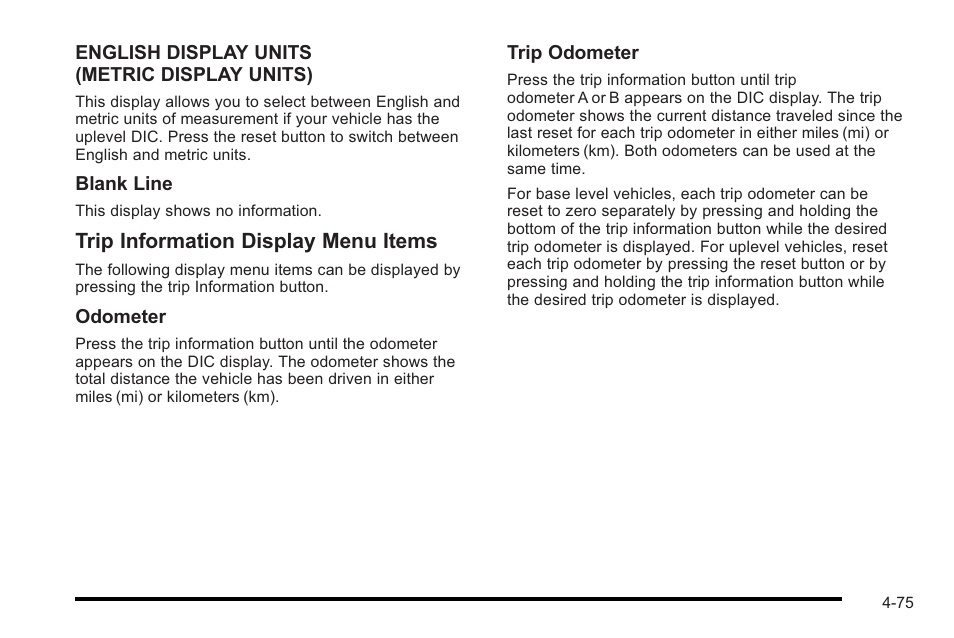 Trip information display menu items | Cadillac 2010 STS User Manual | Page 255 / 536