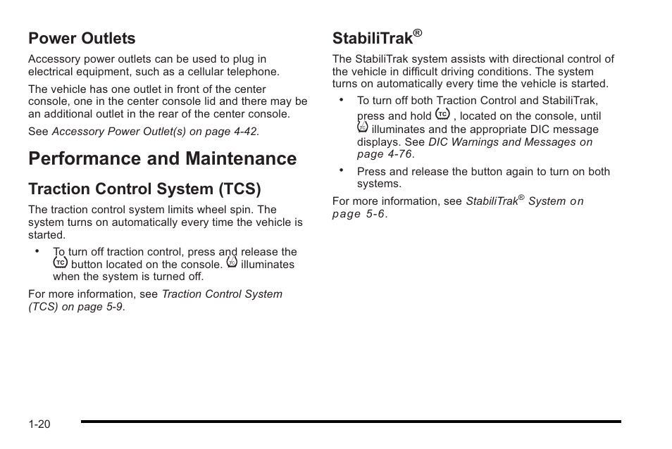 Power outlets, Performance and maintenance, Traction control system (tcs) | Stabilitrak, Performance and maintenance -20, Instrument panel, Power outlets -20, Traction control system (tcs) -20 stabilitrak | Cadillac 2010 STS User Manual | Page 26 / 536