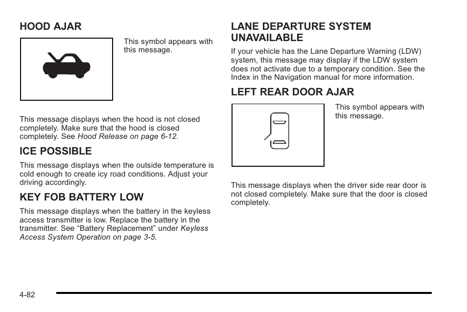 Hood ajar, Ice possible, Key fob battery low | Lane departure system unavailable, Left rear door ajar | Cadillac 2010 STS User Manual | Page 262 / 536