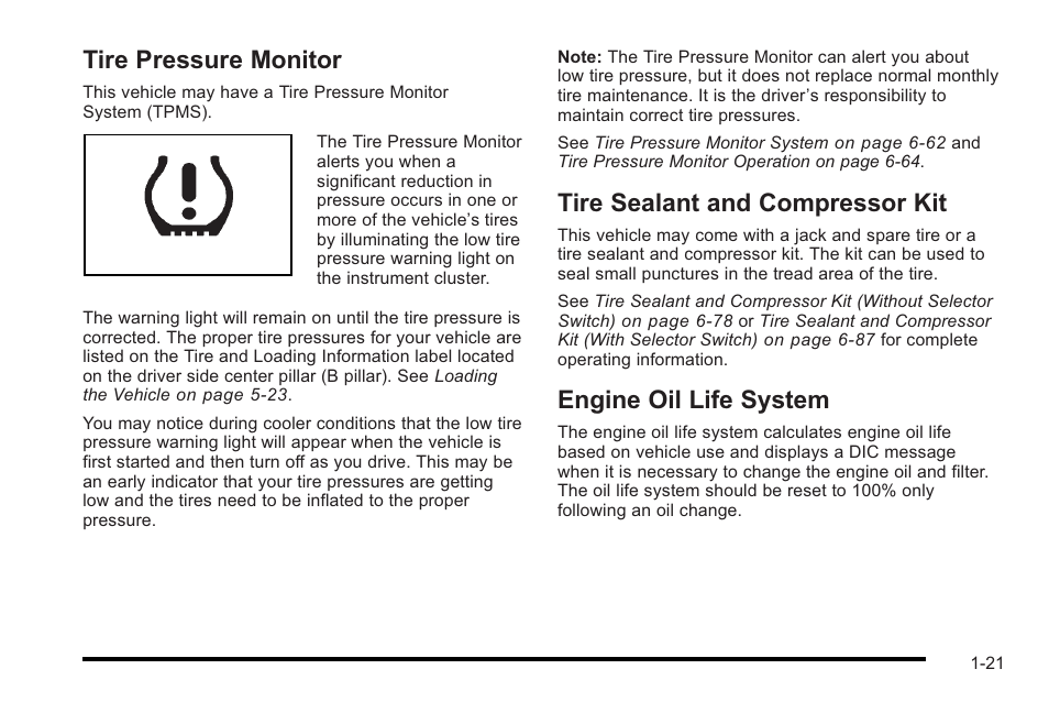 Tire pressure monitor, Tire sealant and compressor kit, Engine oil life system | Cadillac 2010 STS User Manual | Page 27 / 536