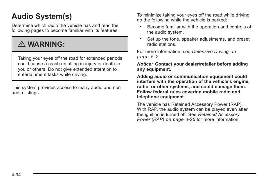 Audio system(s), Audio system(s) -94, Warning | Cadillac 2010 STS User Manual | Page 274 / 536