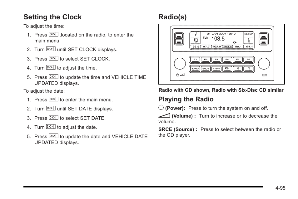 Setting the clock, Radio(s), Setting the clock -95 radio(s) -95 | Playing the radio o | Cadillac 2010 STS User Manual | Page 275 / 536