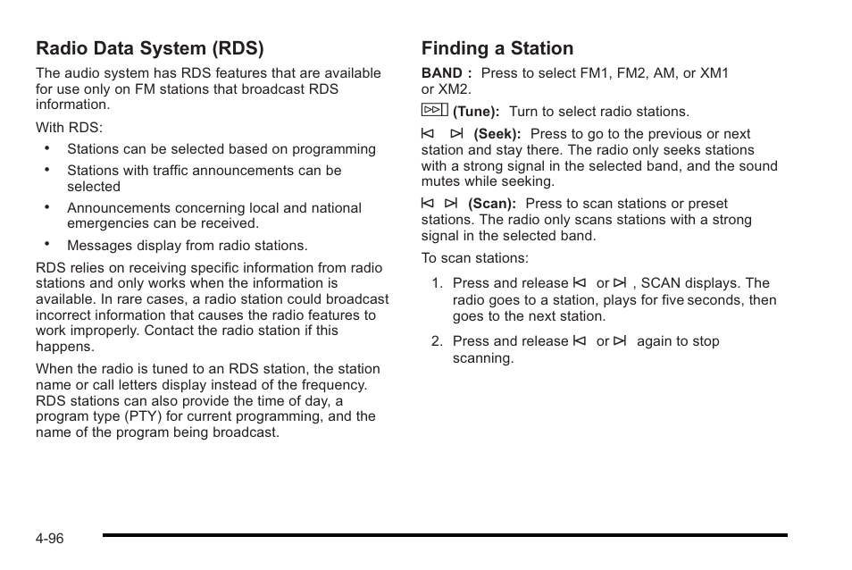Radio data system (rds), Finding a station | Cadillac 2010 STS User Manual | Page 276 / 536